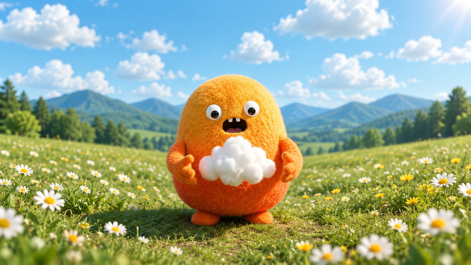 Nubo standing in a daisy field holding a small cloud