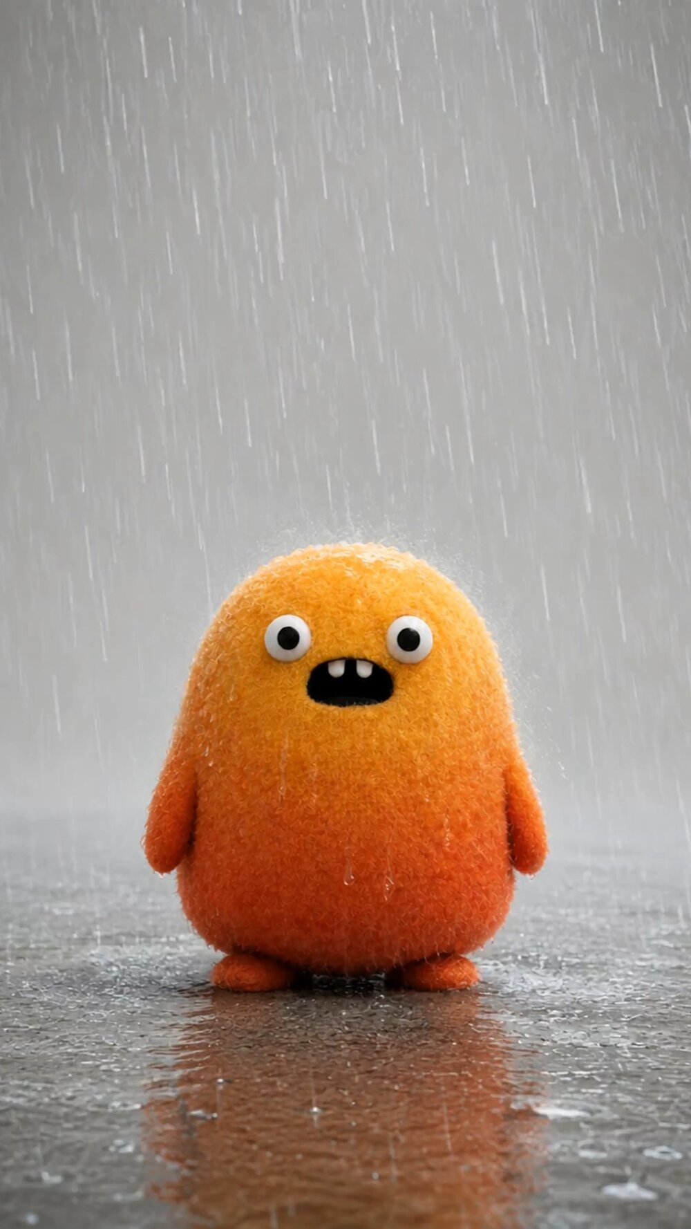 Nubo standing alone in the rain with no umbrella